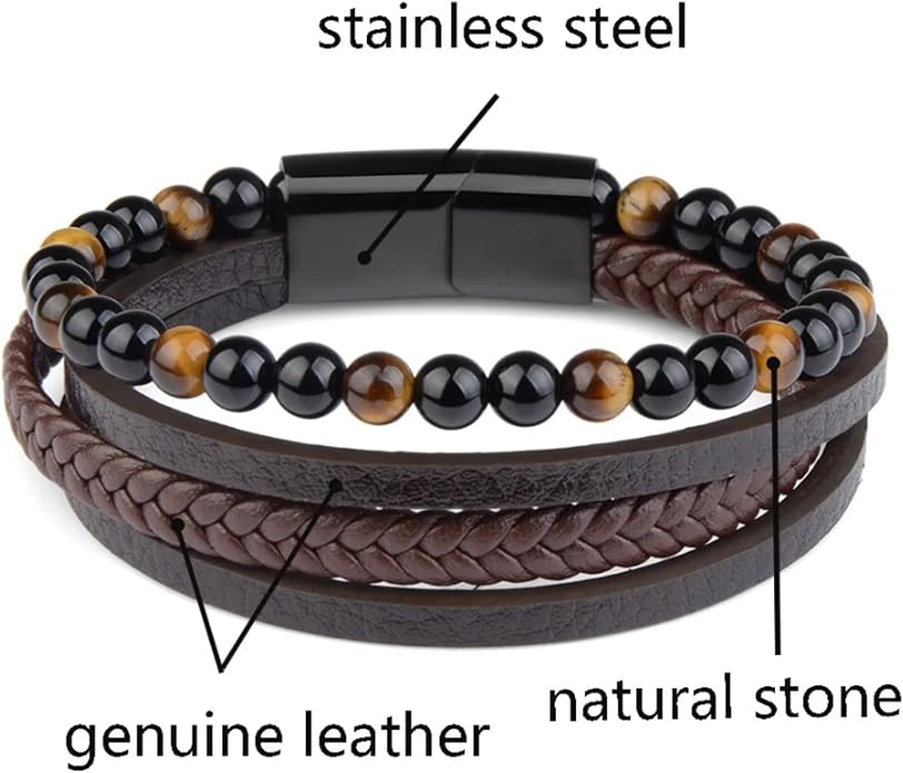 Bracelet Homme en Cuir & Pierre Naturelle Œil de Tigre
