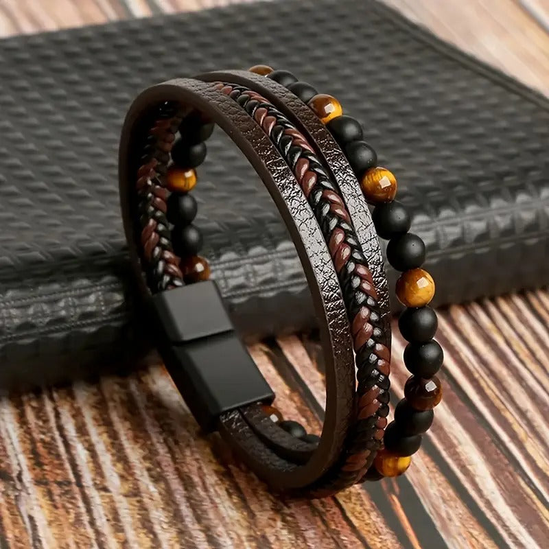 Bracelet Homme en Cuir & Pierre Naturelle Œil de Tigre