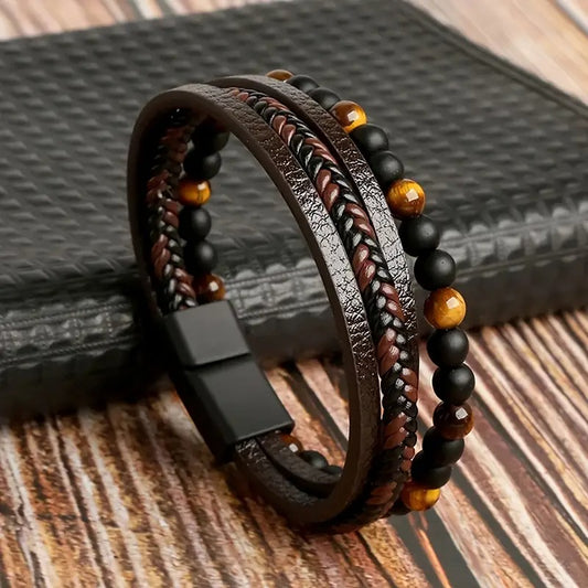Bracelet Homme en Cuir & Pierre Naturelle Œil de Tigre