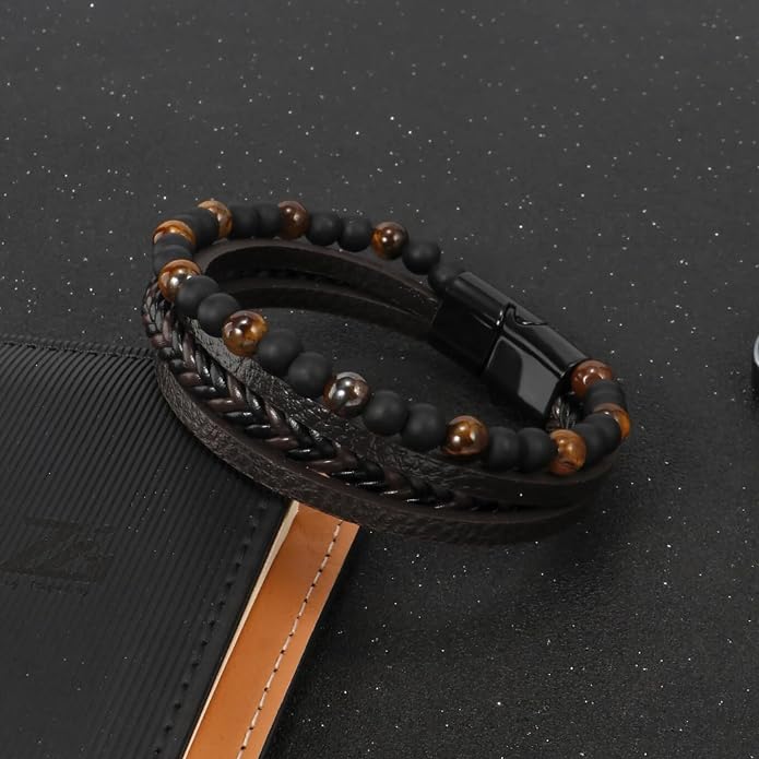 Bracelet Homme en Cuir & Pierre Naturelle Œil de Tigre