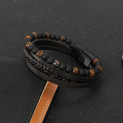 Bracelet Homme en Cuir & Pierre Naturelle Œil de Tigre