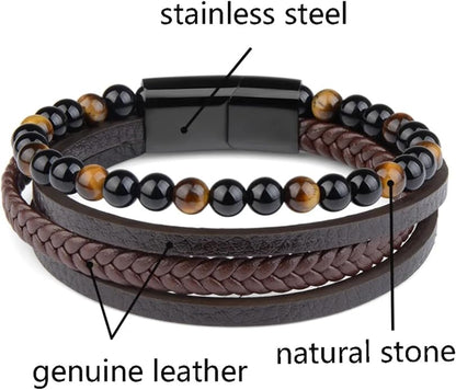 Bracelet Homme en Cuir & Pierre Naturelle Œil de Tigre