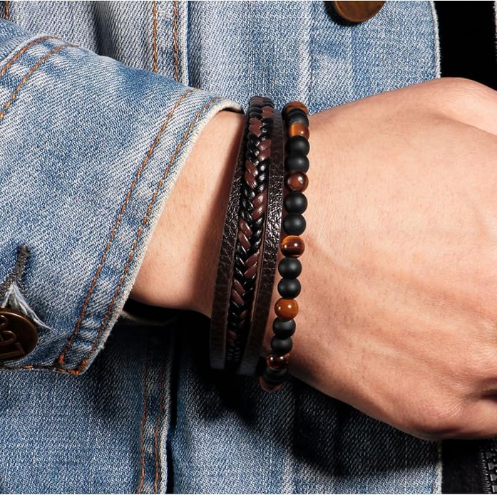 Bracelet Homme en Cuir & Pierre Naturelle Œil de Tigre