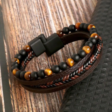 Bracelet Homme en Cuir & Pierre Naturelle Œil de Tigre